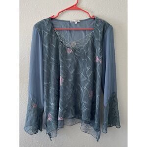 Spencer Alexis Top 14 Blouse Floral Embroidered Semi Sheer Mixed Media Cottage